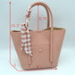 Classic Pebbled Tote Bag with Front Pocket and Checkered Scarf Accent - Tote Bag