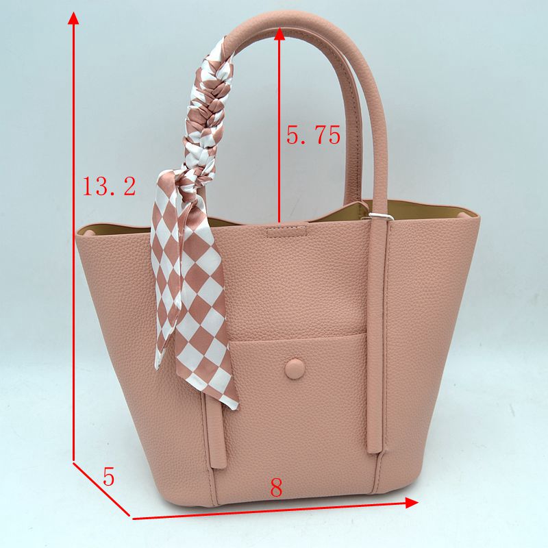 Classic Pebbled Tote Bag with Front Pocket and Checkered Scarf Accent - Tote Bag