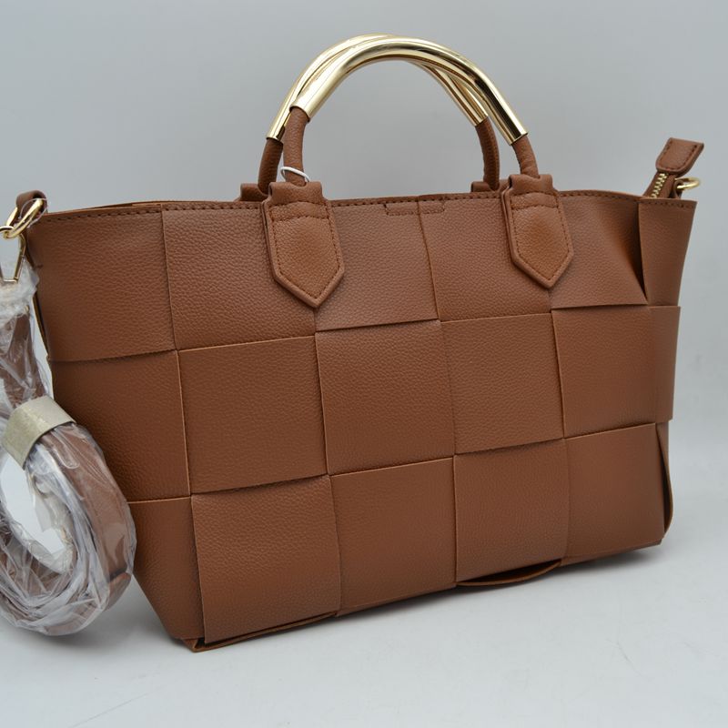 Wide Woven Accent Top Handle Satchel Crossbody Bag - Brown - Crossbody Bag