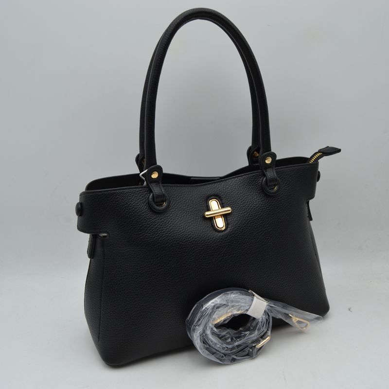 Textured Top Handle Handbag with Metallic Turn-Lock Accent - Black - Hand Bag