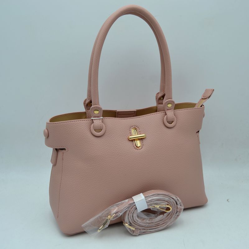 Textured Top Handle Handbag with Metallic Turn-Lock Accent - Blush - Hand Bag