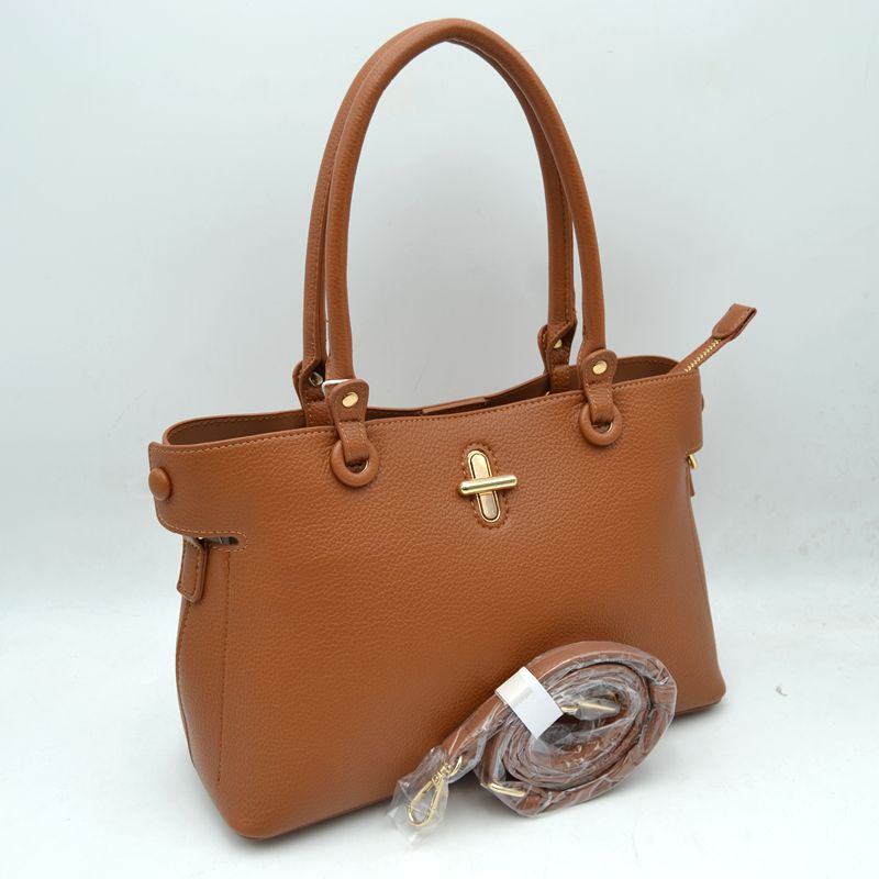 Textured Top Handle Handbag with Metallic Turn-Lock Accent - Brown - Hand Bag