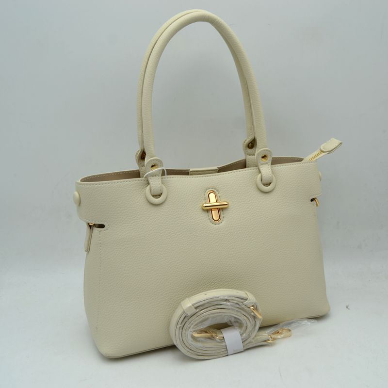 Textured Top Handle Handbag with Metallic Turn-Lock Accent - Butter cream - Hand Bag