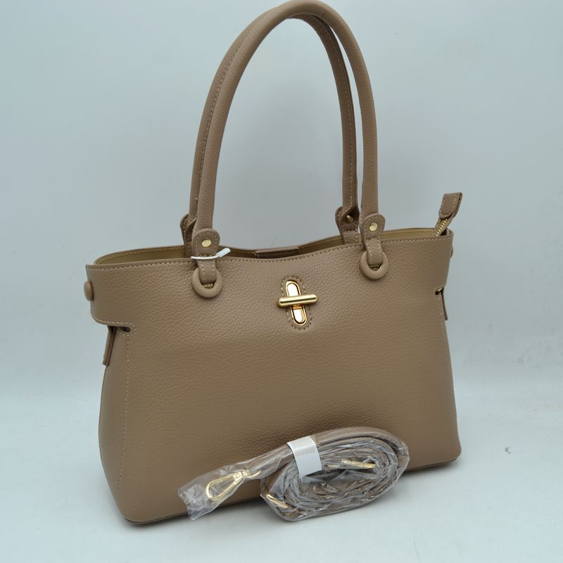 Textured Top Handle Handbag with Metallic Turn-Lock Accent - Taupe - Hand Bag