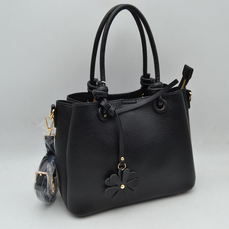 Top Handle Satchel Bag with Floral Charm and Shoulder Strap - Black - Tote Bag