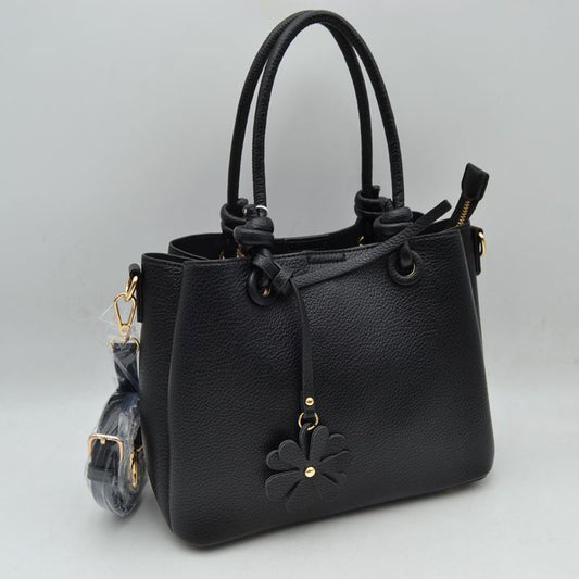 Top Handle Satchel Bag with Floral Charm and Shoulder Strap - Black - Tote Bag