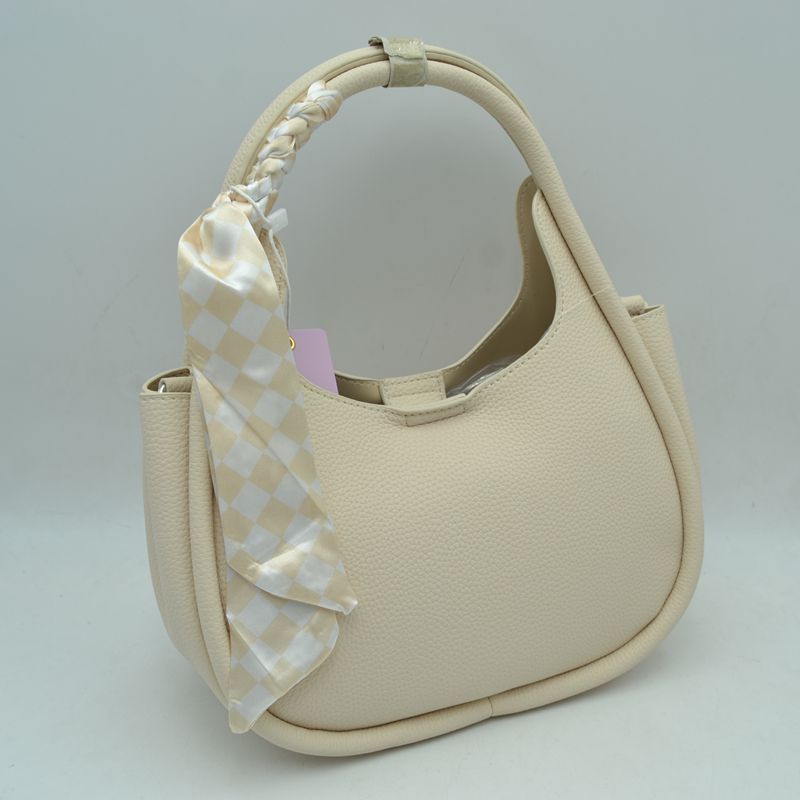Pebble Textured Slouchy Hobo Shoulder Bag with Checkerboard Scarf Accent - Beige - Hobo Bags