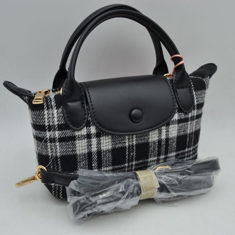 Plaid Fabric Mini Satchel Bag with Snap Flap and Shoulder Strap - Black - Satchel Bag