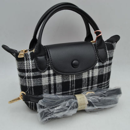 Plaid Fabric Mini Satchel Bag with Snap Flap and Shoulder Strap - Black - Satchel Bag