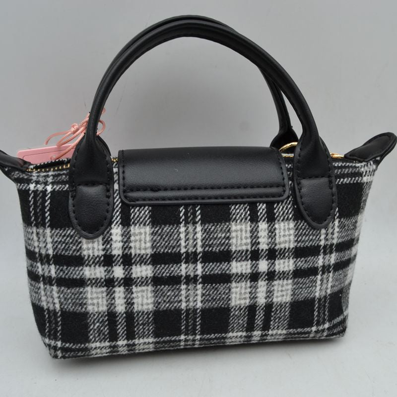 Plaid Fabric Mini Satchel Bag with Snap Flap and Shoulder Strap - Satchel Bag