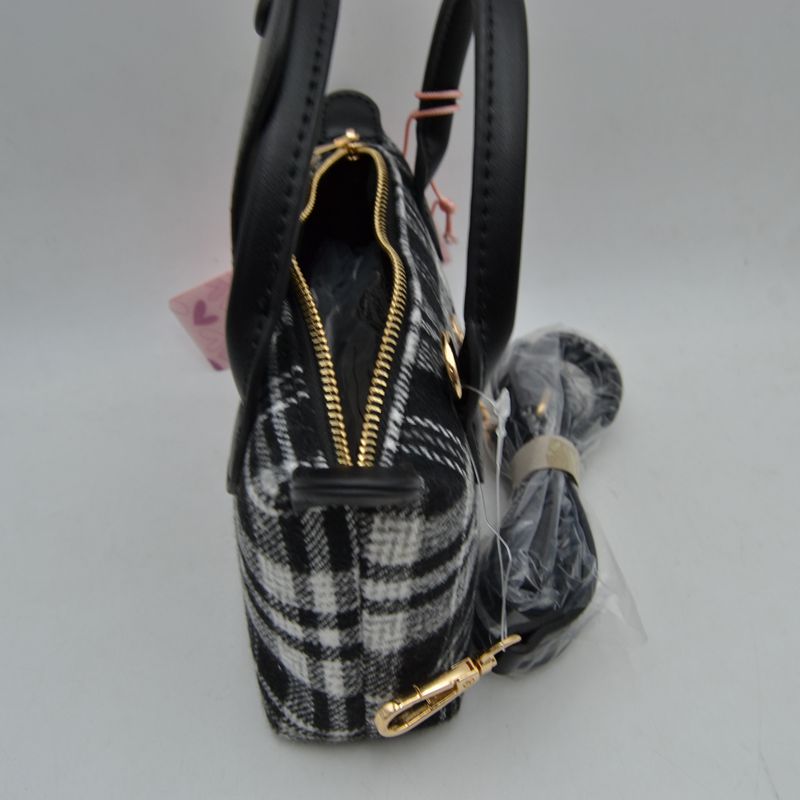 Plaid Fabric Mini Satchel Bag with Snap Flap and Shoulder Strap - Satchel Bag