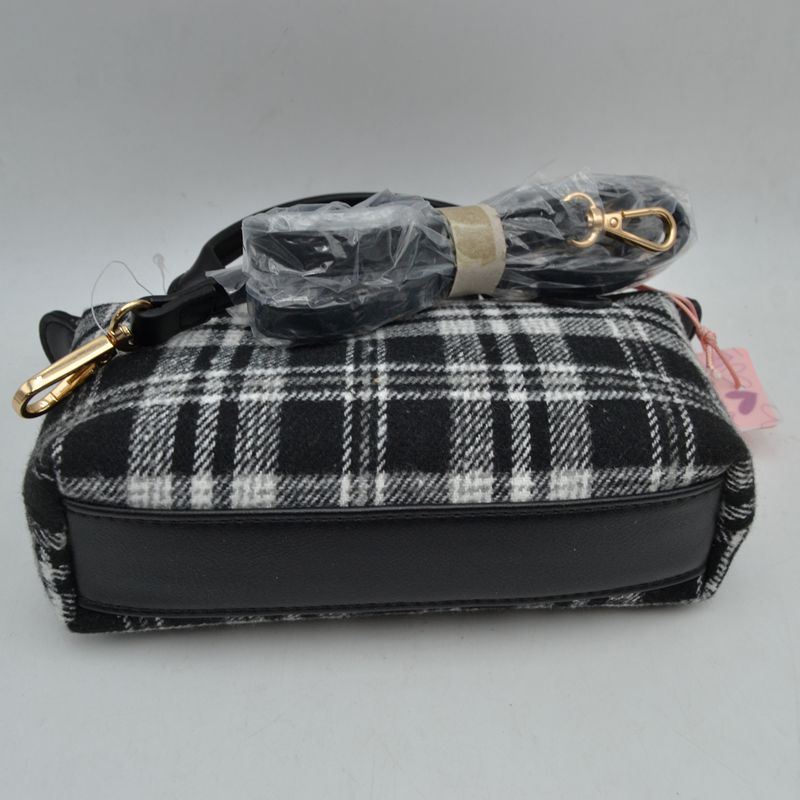 Plaid Fabric Mini Satchel Bag with Snap Flap and Shoulder Strap - Satchel Bag