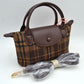 Plaid Fabric Mini Satchel Bag with Snap Flap and Shoulder Strap - Brown - Satchel Bag