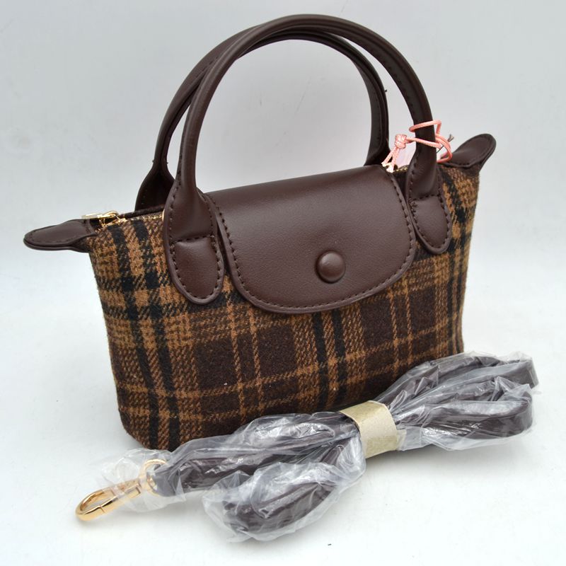 Plaid Fabric Mini Satchel Bag with Snap Flap and Shoulder Strap - Brown - Satchel Bag