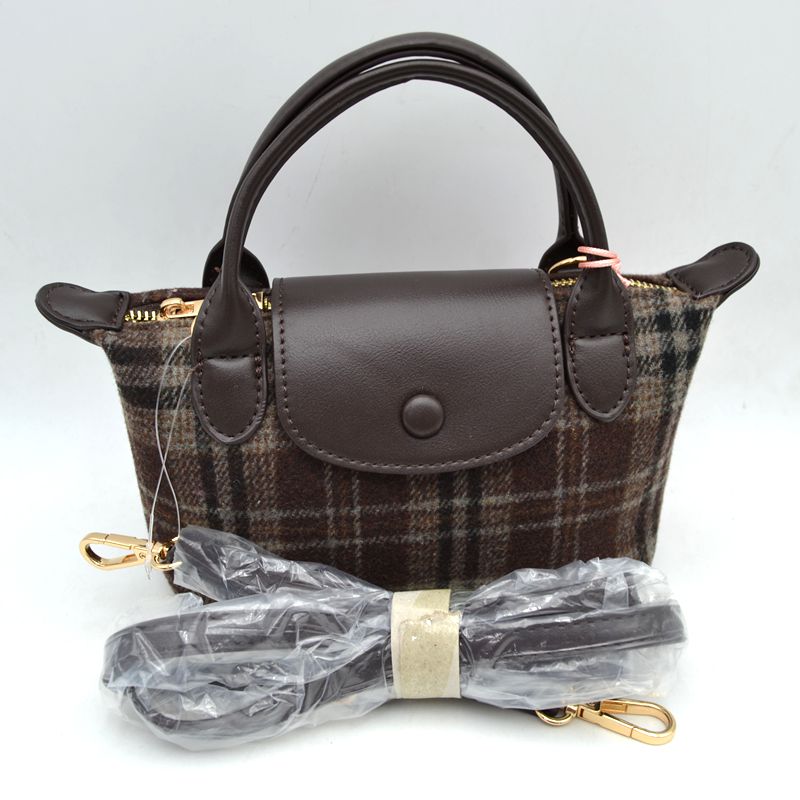 Plaid Fabric Mini Satchel Bag with Snap Flap and Shoulder Strap - Coffee - Satchel Bag