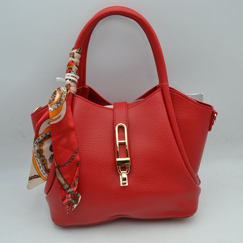 Pebbled Handbag with Scarfed Top Handles and Crossbody Strap - Red - Hand Bag