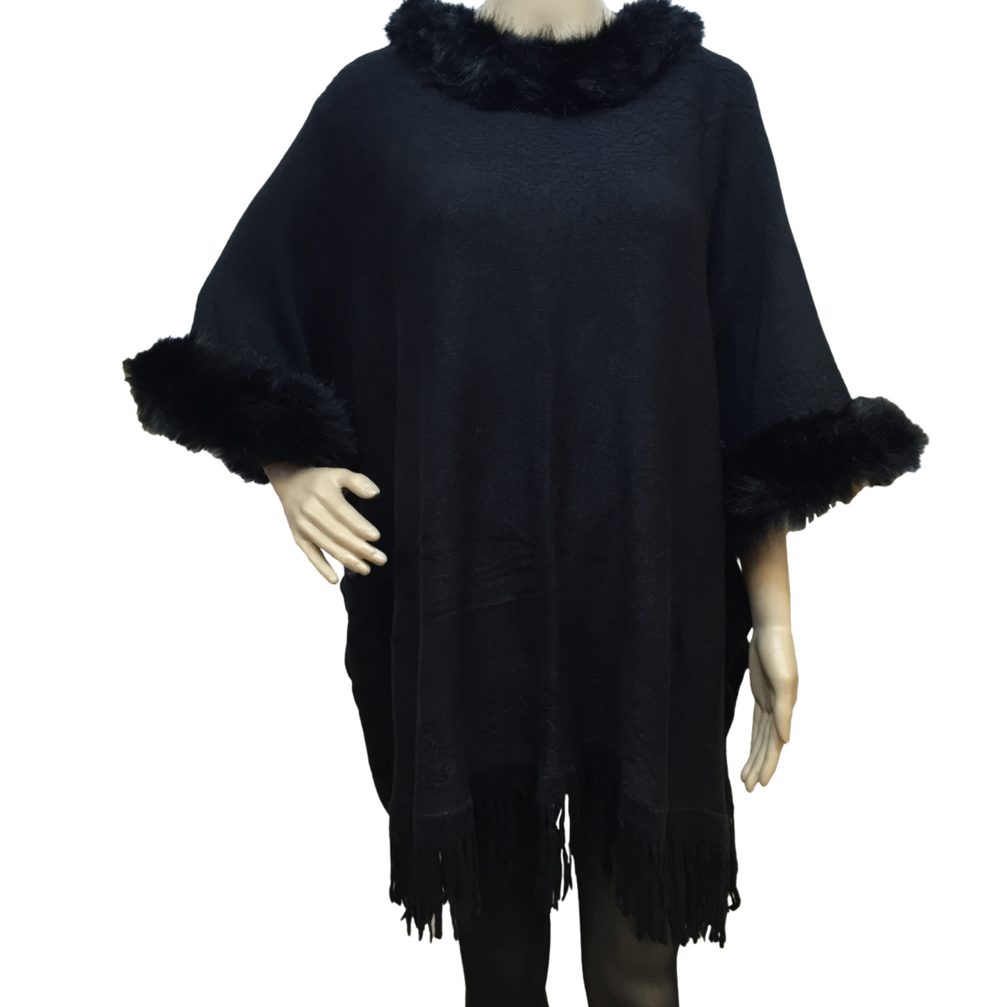 Faux Fur Trim Knit Ruana with Fringe