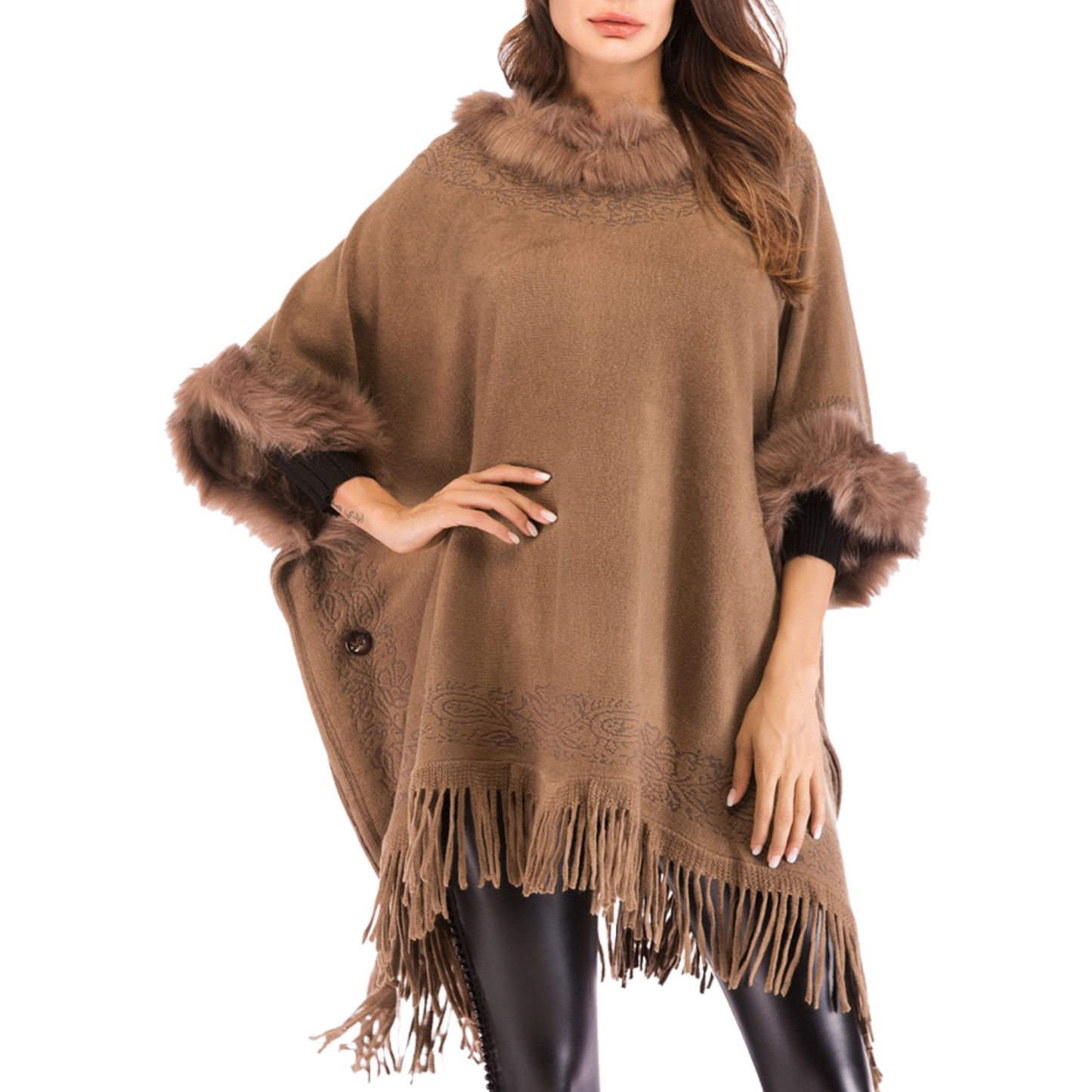 Faux Fur Trim Knit Ruana with Fringe