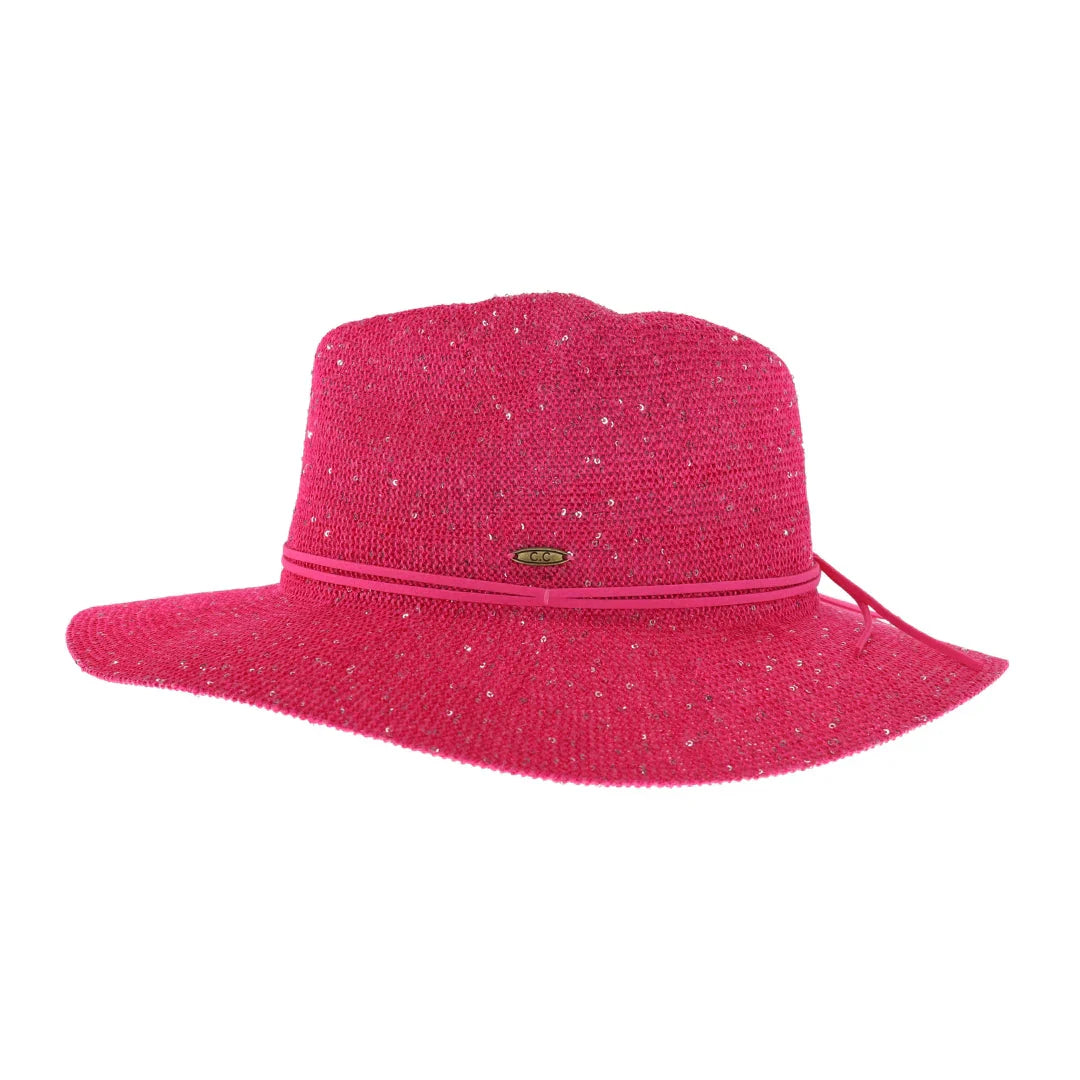 Hot pink C.C knitted panama hat with sequins and wide brim