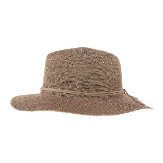 Gold C.C knitted panama hat with sequins and wide brim