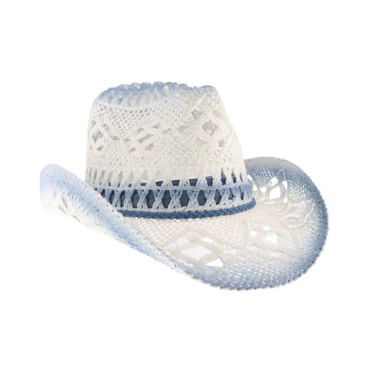 ombre open weave cowboy hat by C.C in white and denim with curved brim