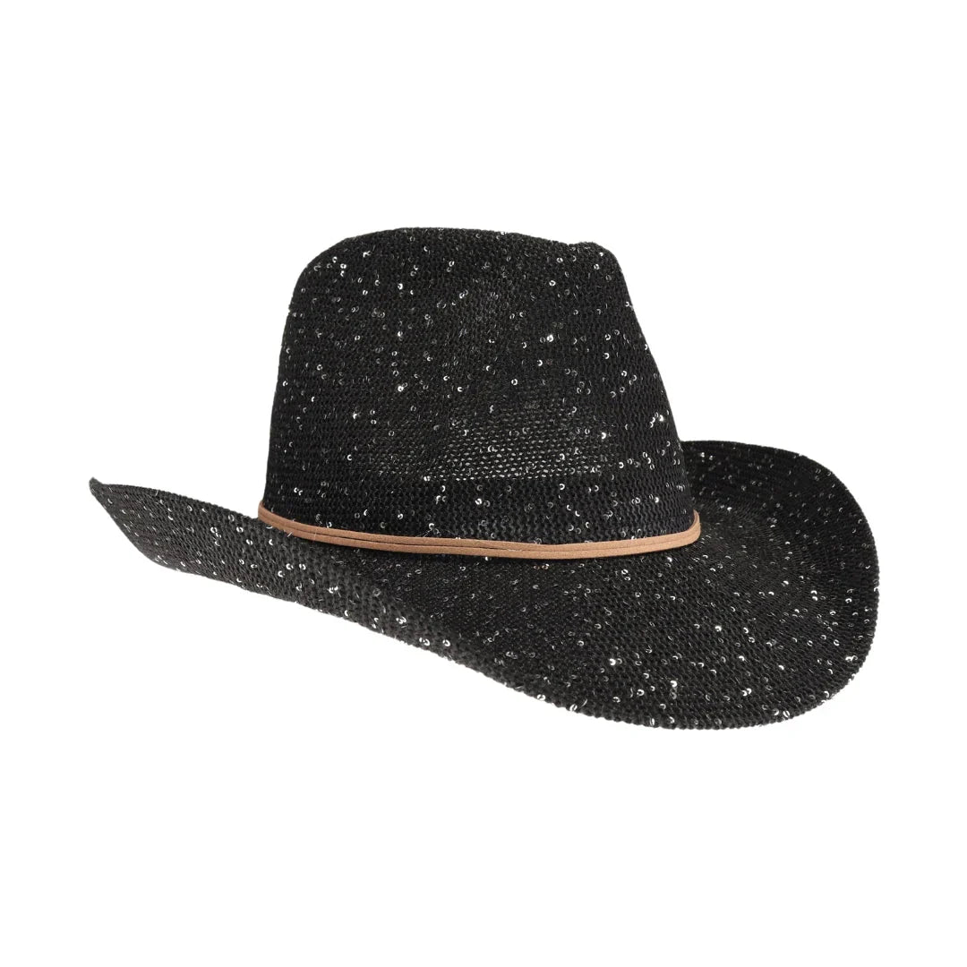 black C.C brand sequin cowboy hat with curved brim and sparkly finish