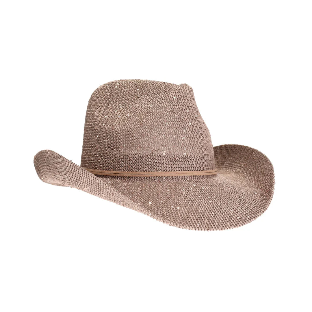 Taupe  C.C brand sequin cowboy hat with curved brim and sparkly finish