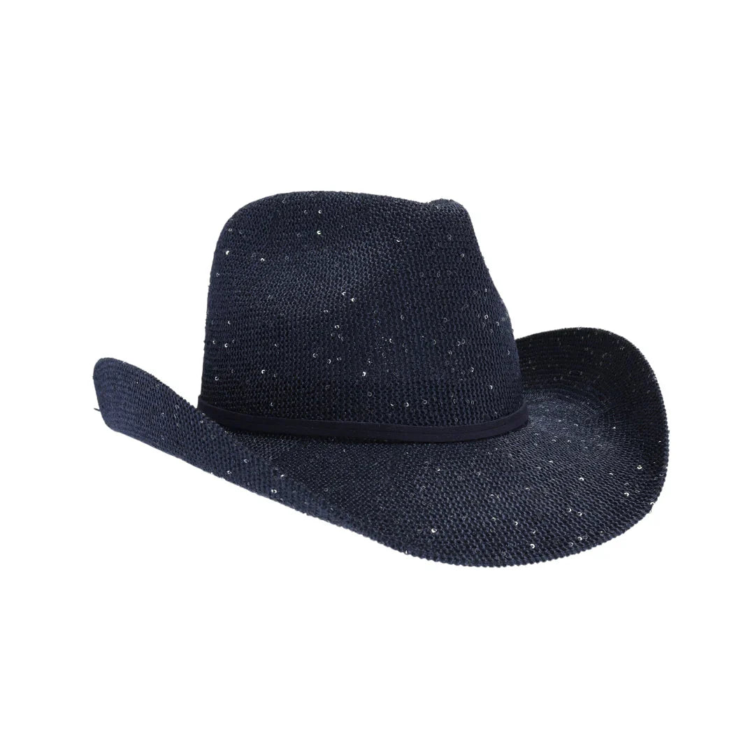 Navy C.C brand sequin cowboy hat with curved brim and sparkly finish