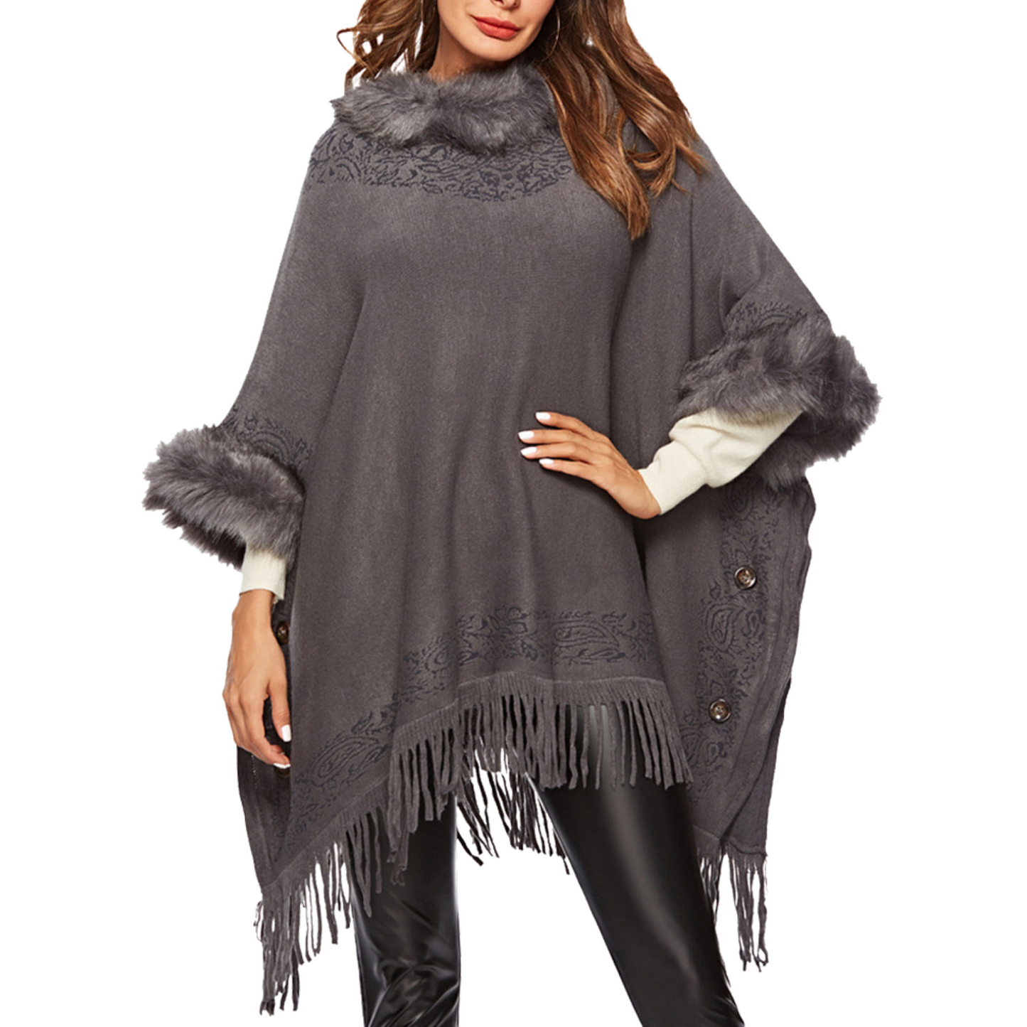 Faux Fur Trim Knit Ruana with Fringe
