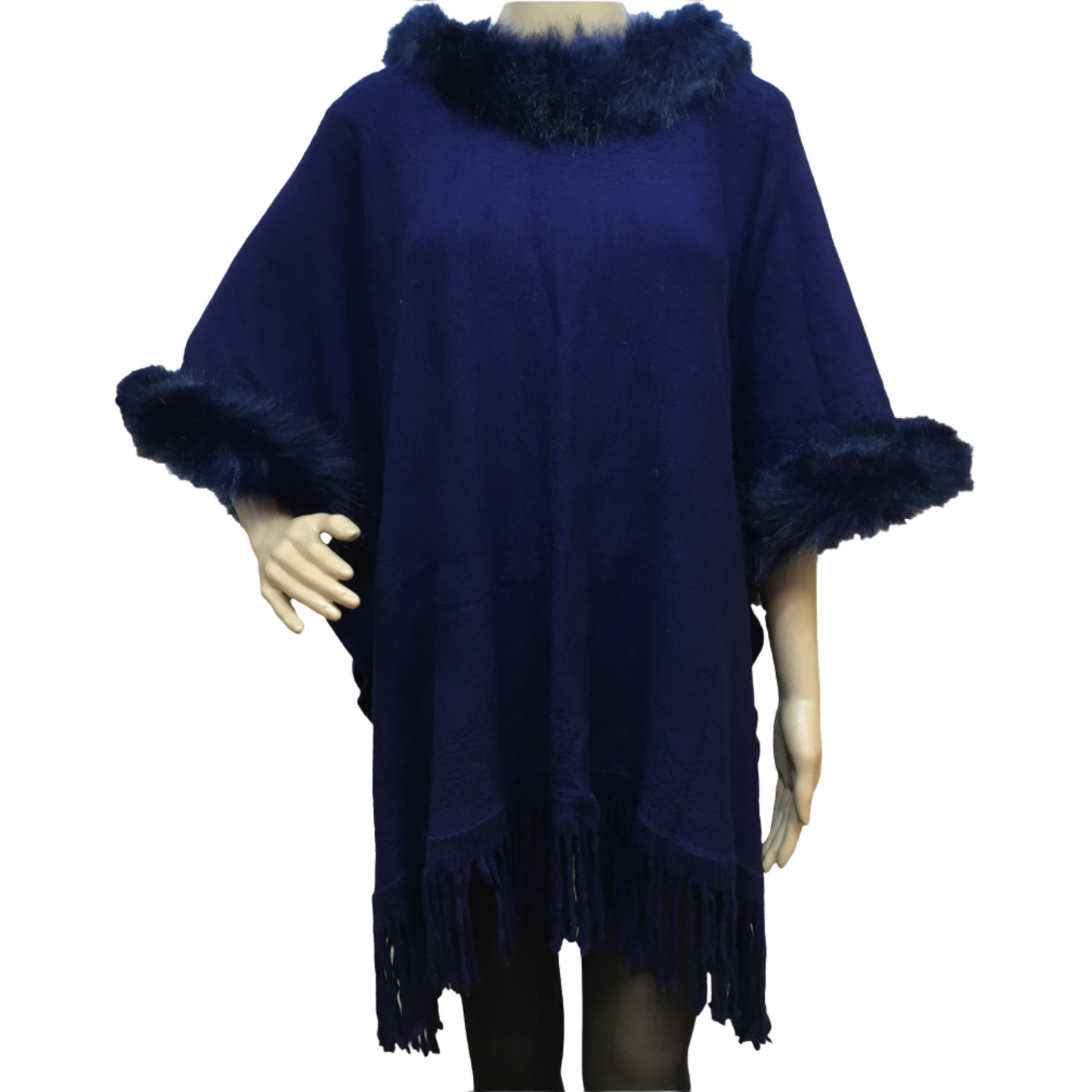 Faux Fur Trim Knit Ruana with Fringe