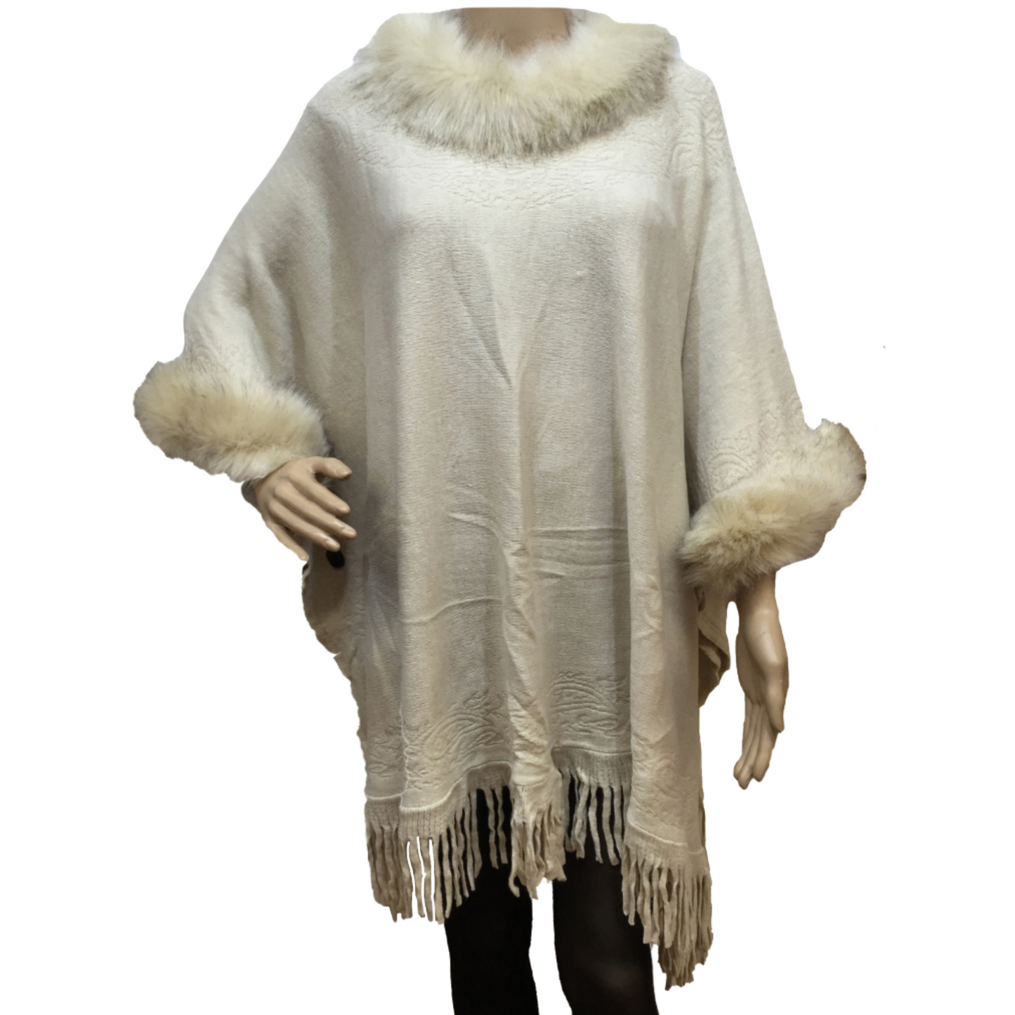 Faux Fur Trim Knit Ruana with Fringe