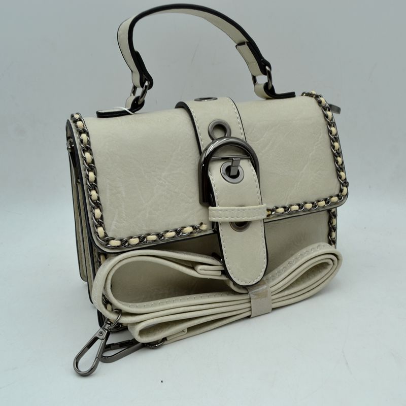 Vintage Crossbody Satchel Bag with Chain Trim - Beige - Satchel Bag