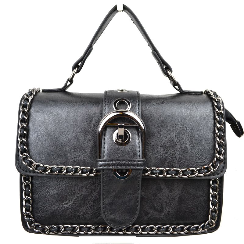 Vintage Crossbody Satchel Bag with Chain Trim - Black - Satchel Bag