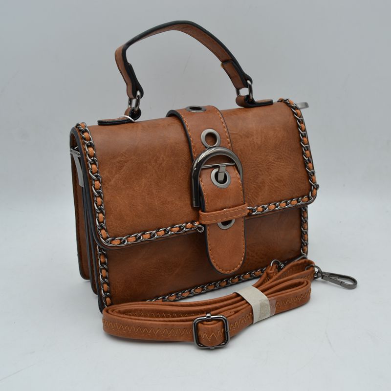 Vintage Crossbody Satchel Bag with Chain Trim - Brown - Satchel Bag