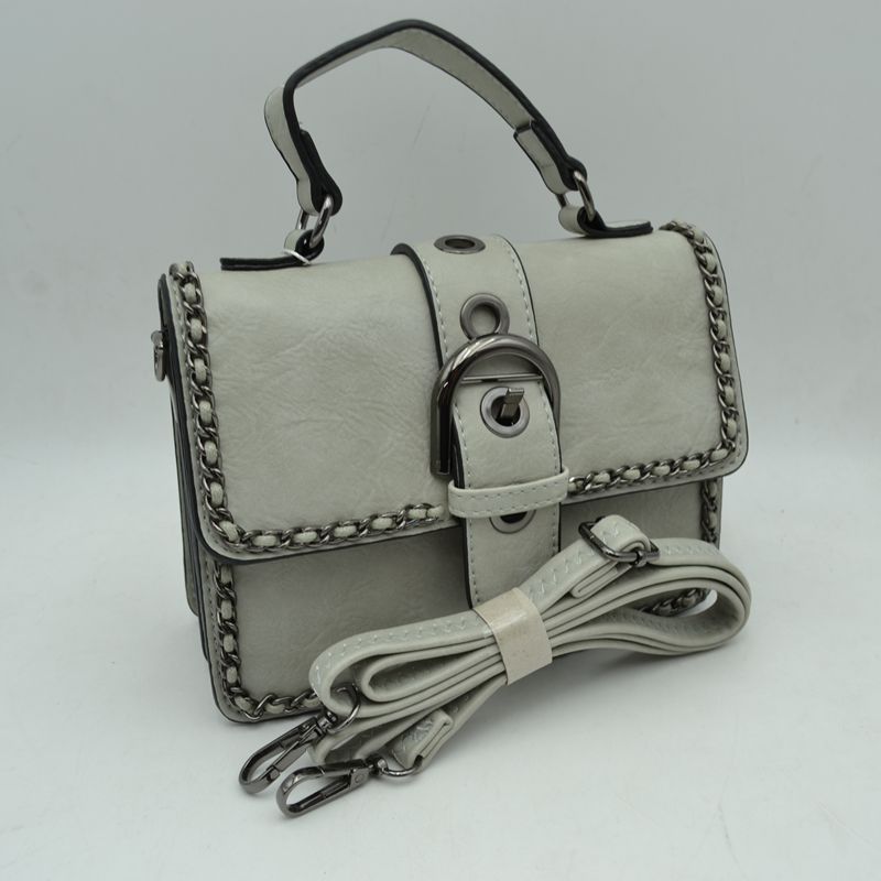 Vintage Crossbody Satchel Bag with Chain Trim - Grey - Satchel Bag