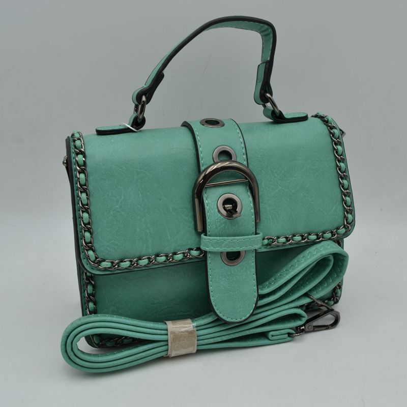 Vintage Crossbody Satchel Bag with Chain Trim - Light Green - Satchel Bag