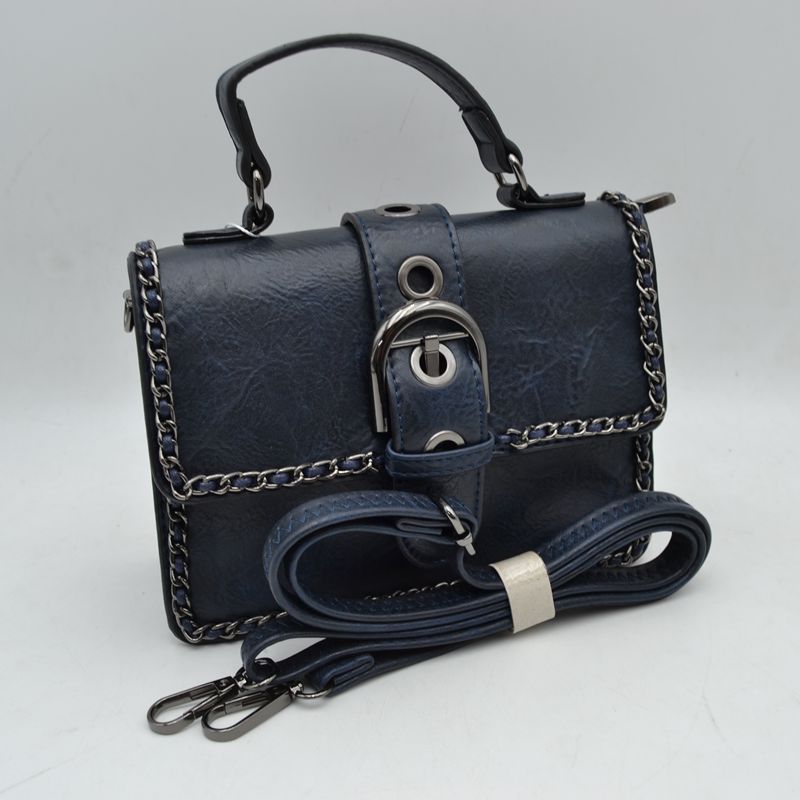 Vintage Crossbody Satchel Bag with Chain Trim - Navy Blue - Satchel Bag