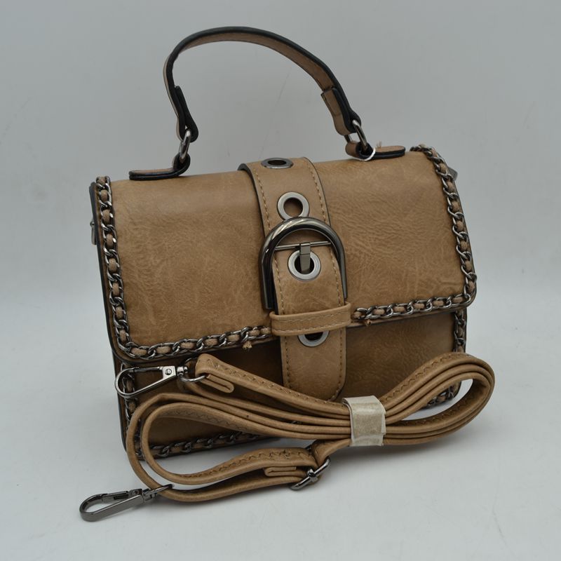 Vintage Crossbody Satchel Bag with Chain Trim - Stone - Satchel Bag