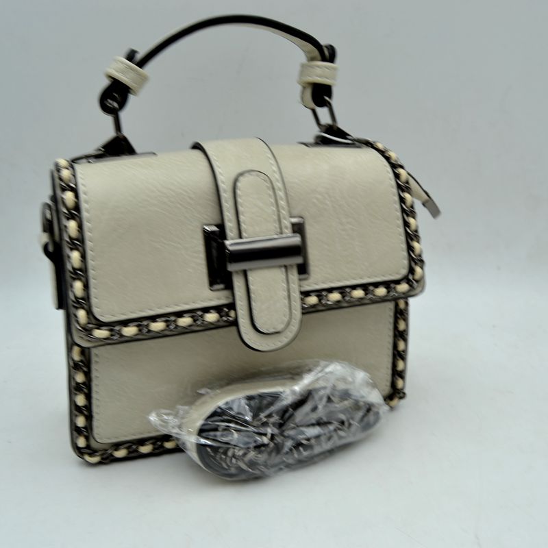 Women’s Structured Top-Handle Crossbody Bag with Woven Chain Trim - Beige - Crossbody Bags