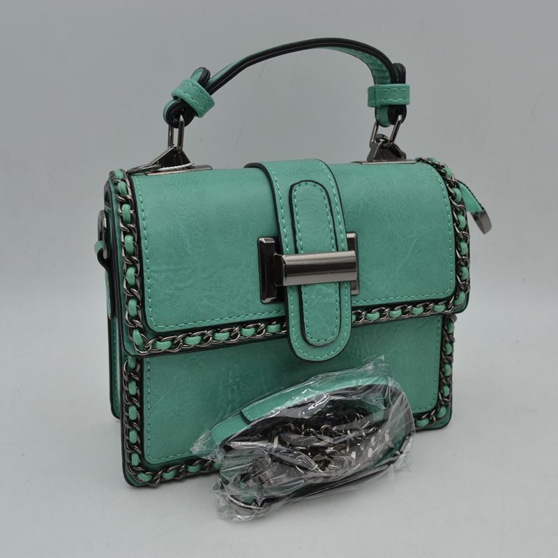 Women’s Structured Top-Handle Crossbody Bag with Woven Chain Trim - Light Green - Crossbody Bags
