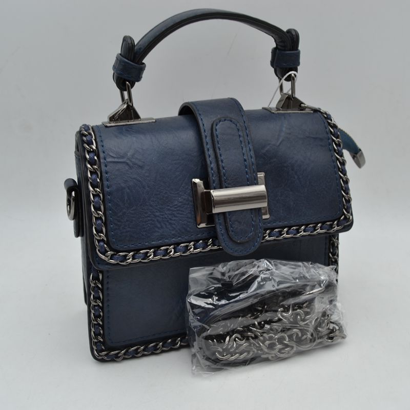 Women’s Structured Top-Handle Crossbody Bag with Woven Chain Trim - Navy Blue - Crossbody Bags