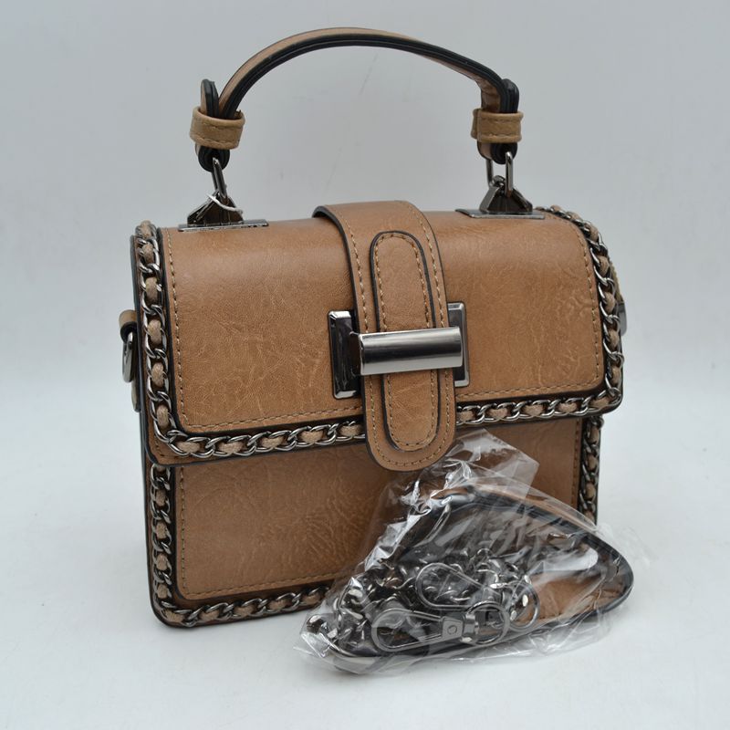 Women’s Structured Top-Handle Crossbody Bag with Woven Chain Trim - Stone - Crossbody Bags