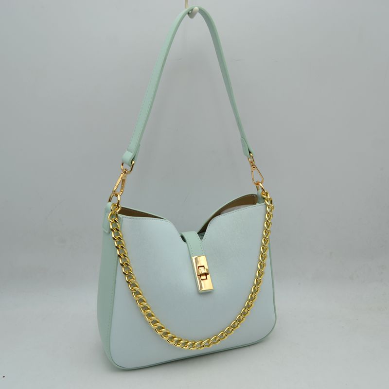 Chain Accent Shoulder Bag with Center Snap Closure - Mint - Shoulder Bag