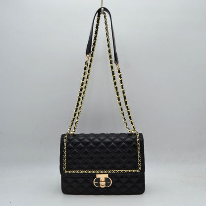 Quilted Flap Shoulder Bag with Woven Chain Strap - Black - Shoulder Bag