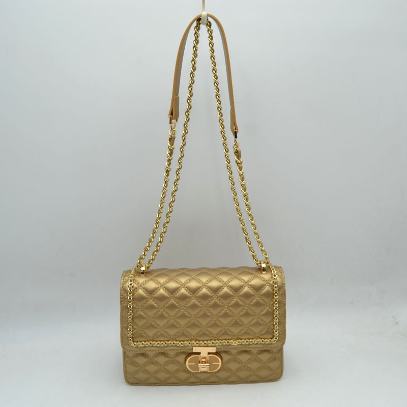 Quilted Flap Shoulder Bag with Woven Chain Strap - Gold - Shoulder Bag