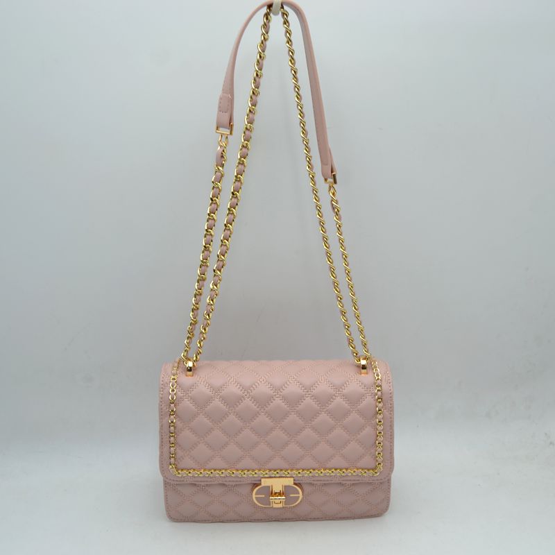 Quilted Flap Shoulder Bag with Woven Chain Strap - Pink - Shoulder Bag