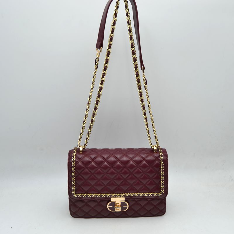 Quilted Flap Shoulder Bag with Woven Chain Strap - Red - Shoulder Bag