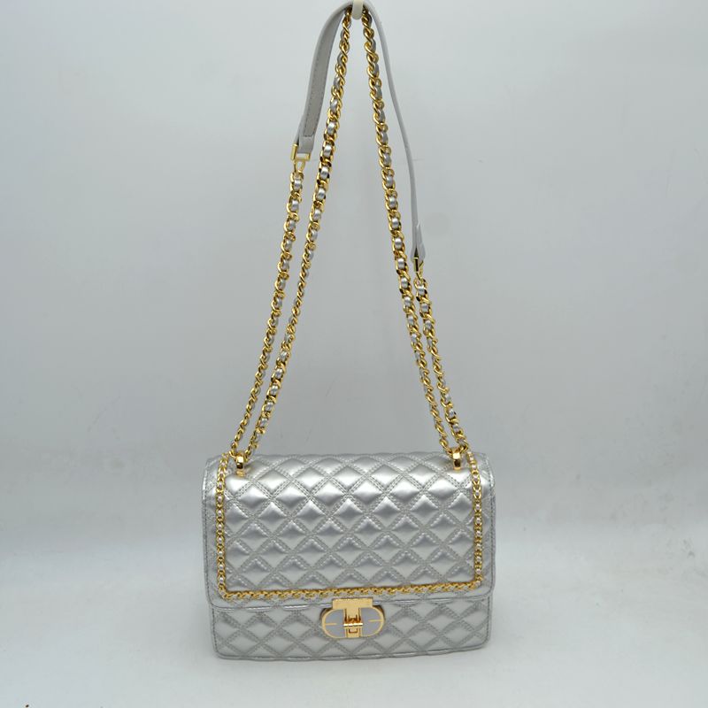 Quilted Flap Shoulder Bag with Woven Chain Strap - Silver - Shoulder Bag