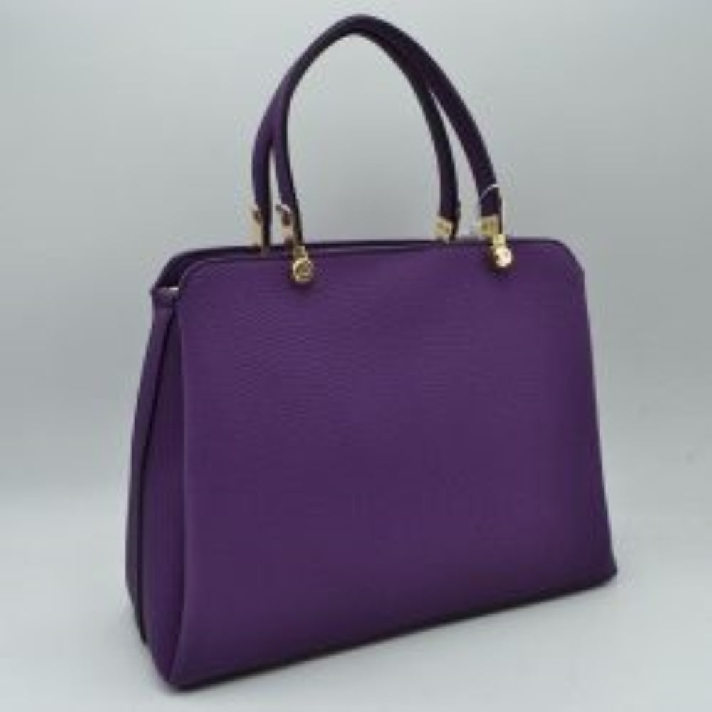Voilet This structured handbag is designed for everyday use, featuring dual arched top handles attached with round metallic hardware. The design includes multiple storage compartments to organize your belongings, featuring a central zippered closure alongside separate side compartments.