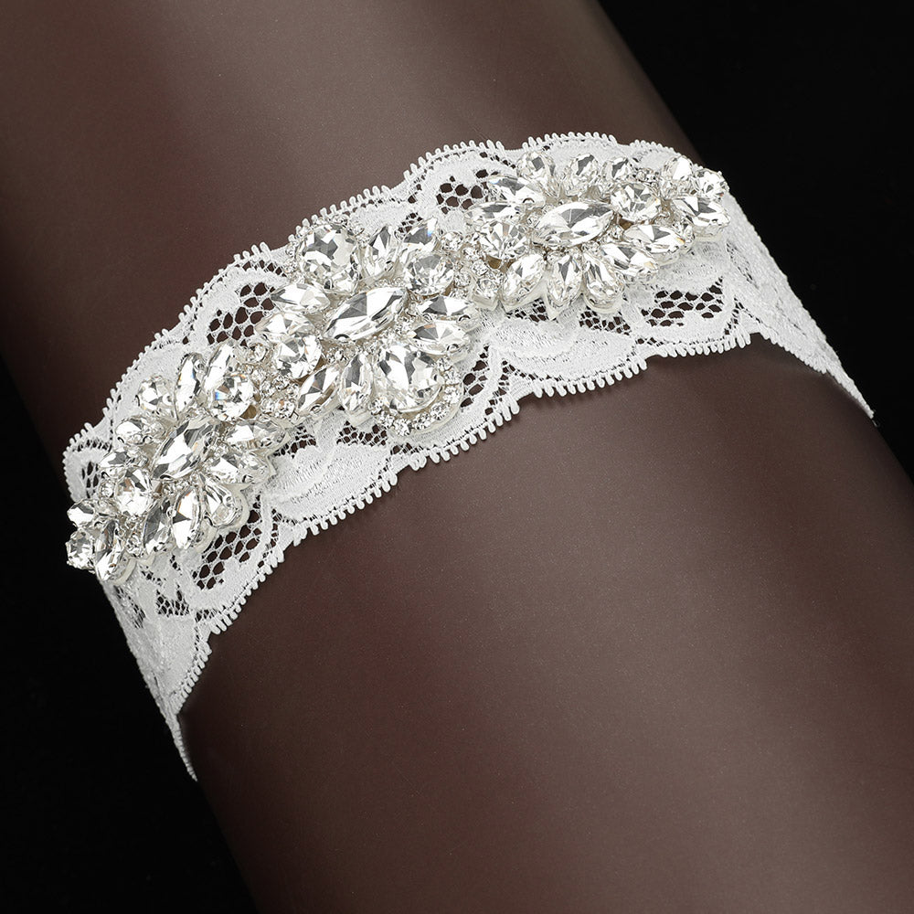 Madeline Love Clear, Silver Teardrop Marquise Stone Cluster Embellished Lace Stretch Wedding Garter - Wedding & Bridal - desc